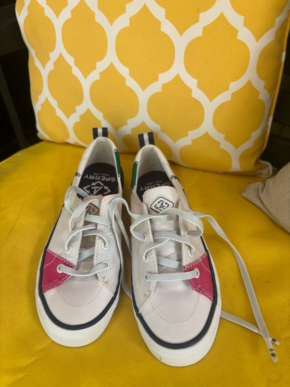 Sperry White Canvas Low-Tops with Pink Panels and Navy Trim
